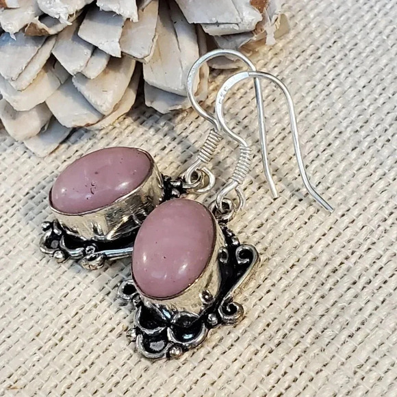 Artisan India Art Nouveau Scrolls Oval Stone 925 Sterling Silver Earrings - Picture 1 of 6